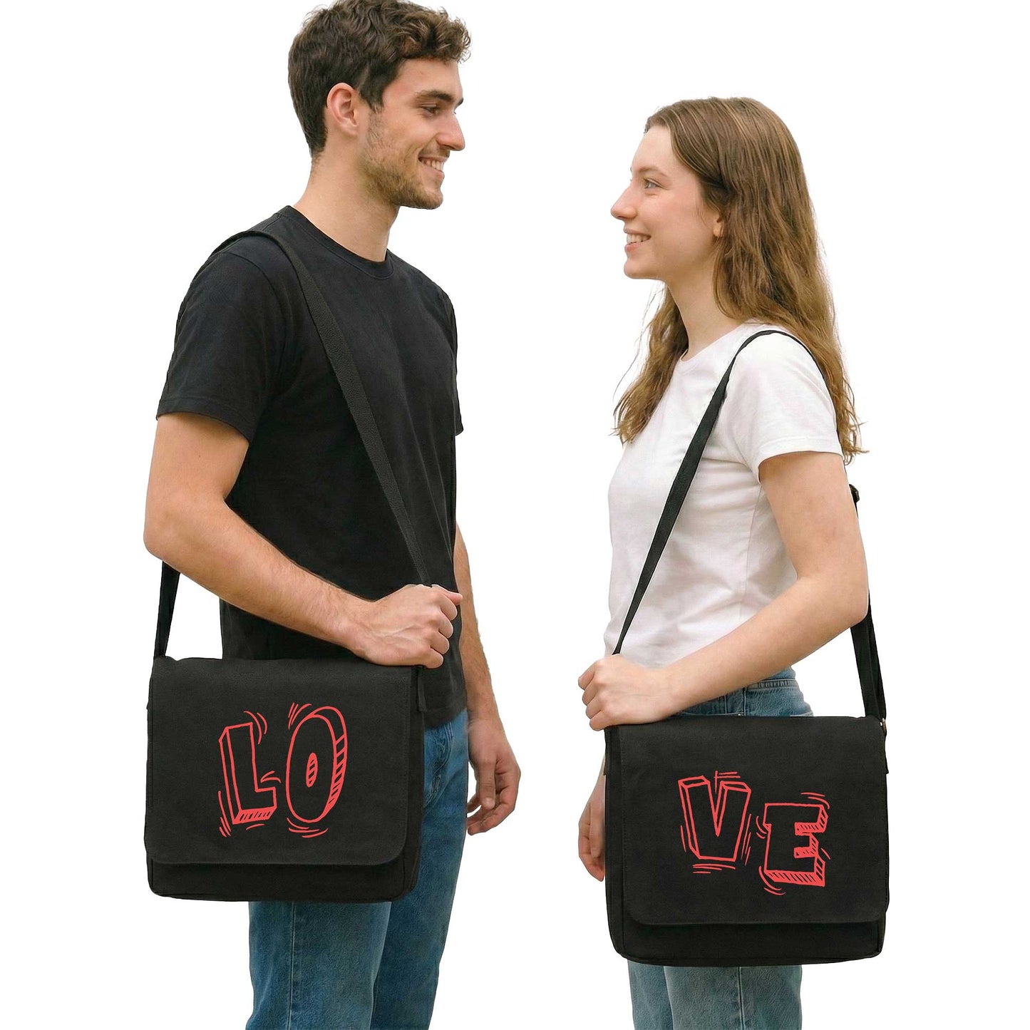 LoVe Siyah Sevgili Çift Postacı Çantası Kanvas