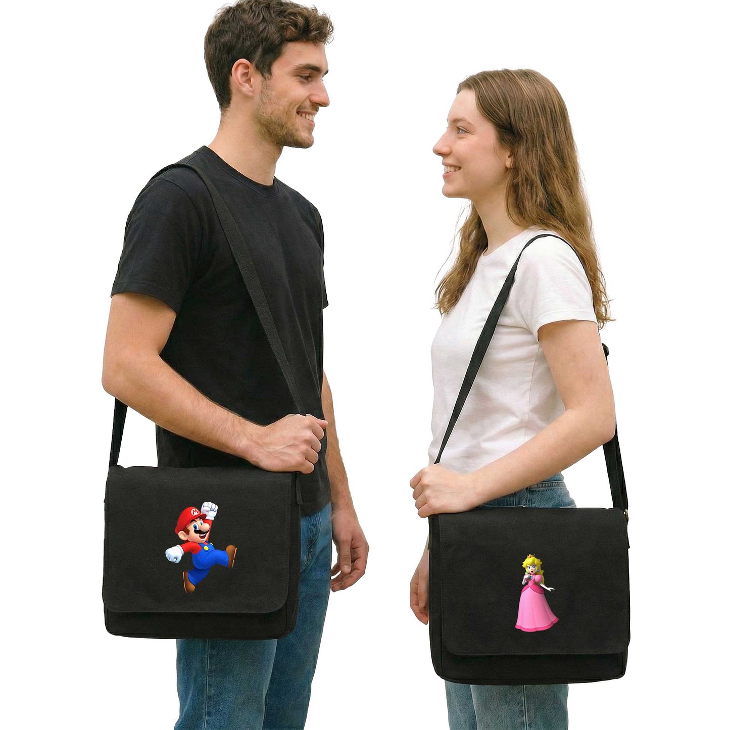 Super Mario ve Prenses Sevgili Çift Postacı Çantası Kanvas