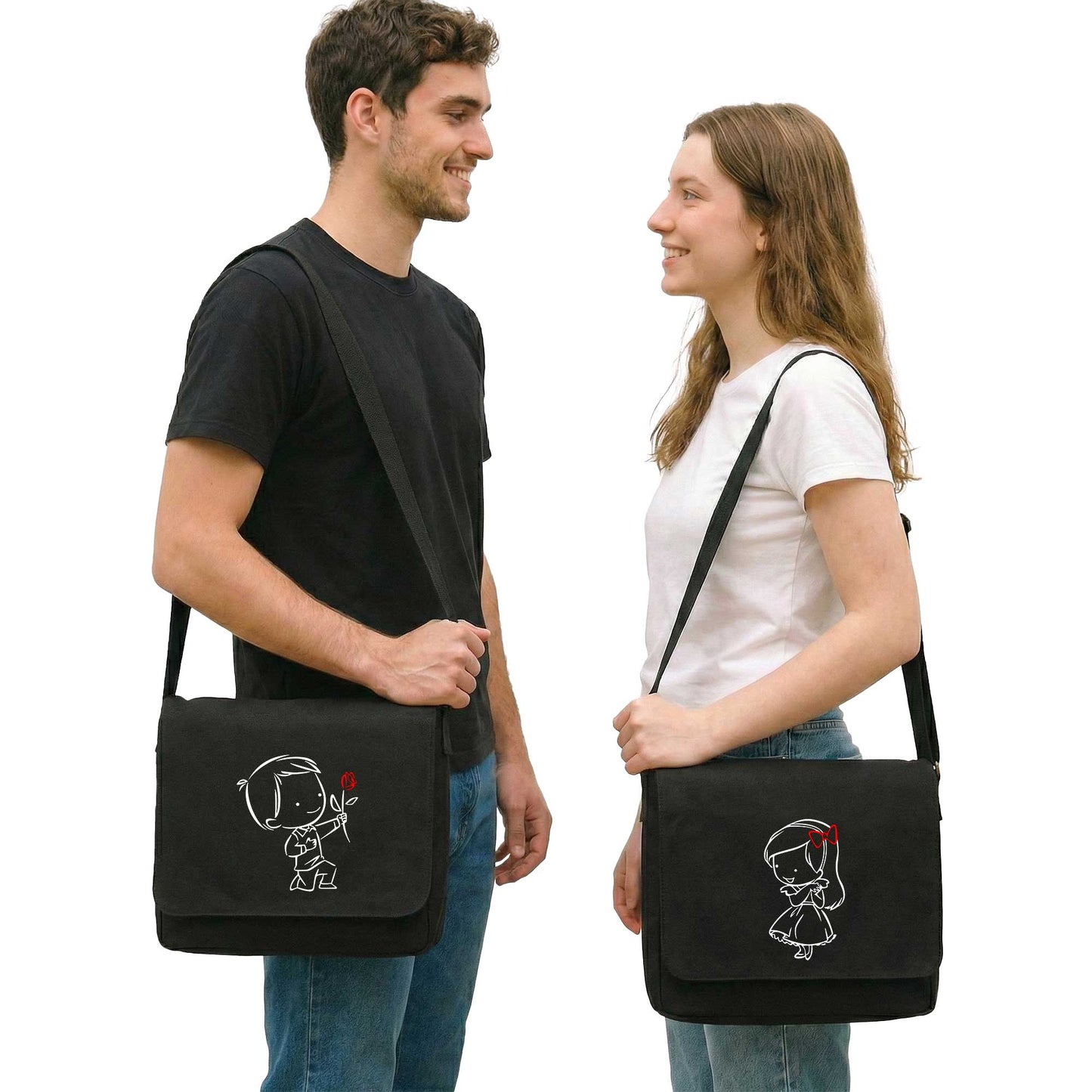 Cute Love Sevgili Çift Postacı Çantası Kanvas