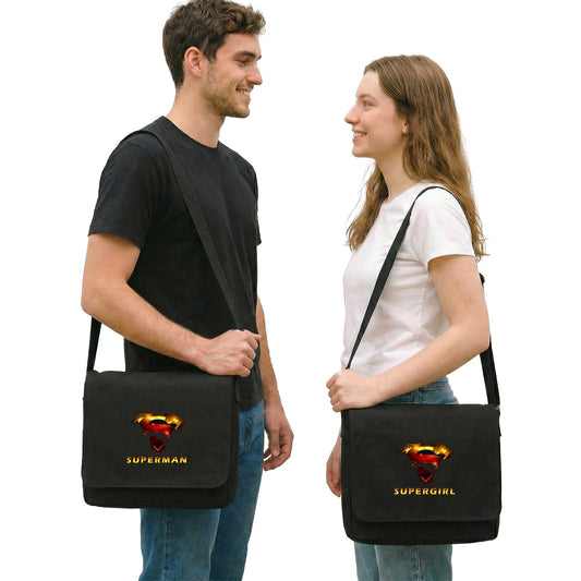 SuperGirl and Man Sevgili Çift Postacı Çantası Kanvas