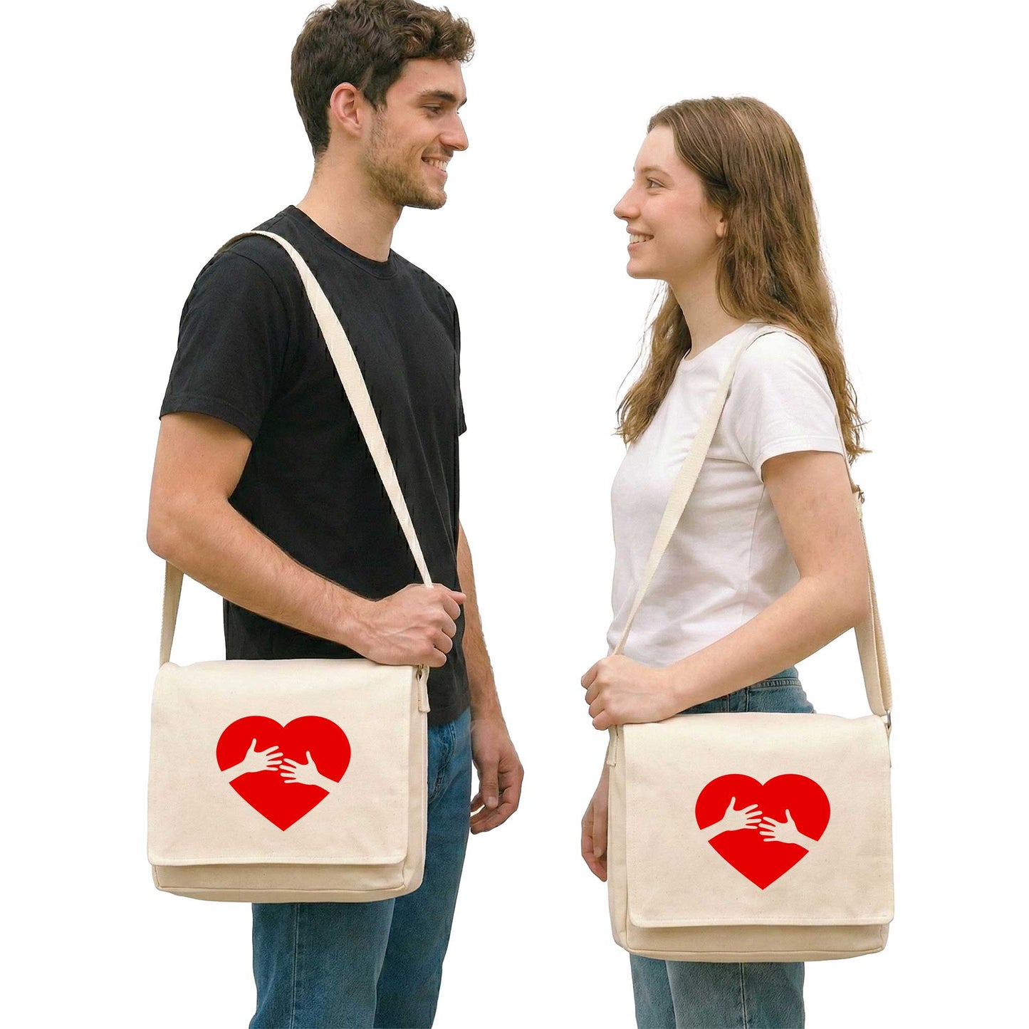 Kalp ve Eller Sevgili Çift Postacı Çantası Kanvas