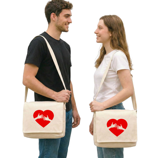 Kalp ve Eller Sevgili Çift Postacı Çantası Kanvas
