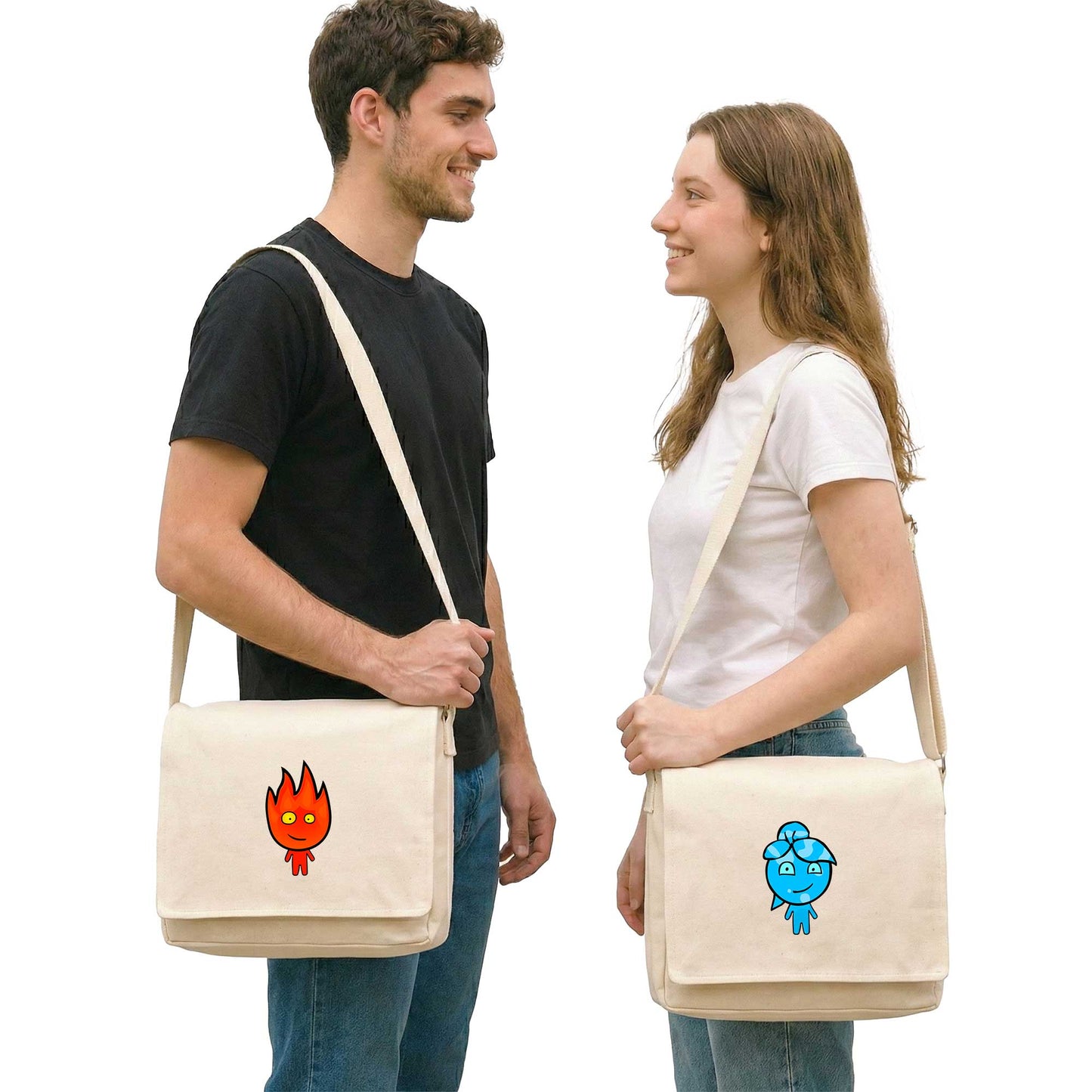 Ateş ve Su Sevgili Çift Postacı Çantası Kanvas