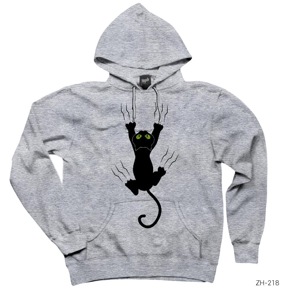 Tırmanan Kedi Gri Kapşonlu Sweatshirt Hoodie