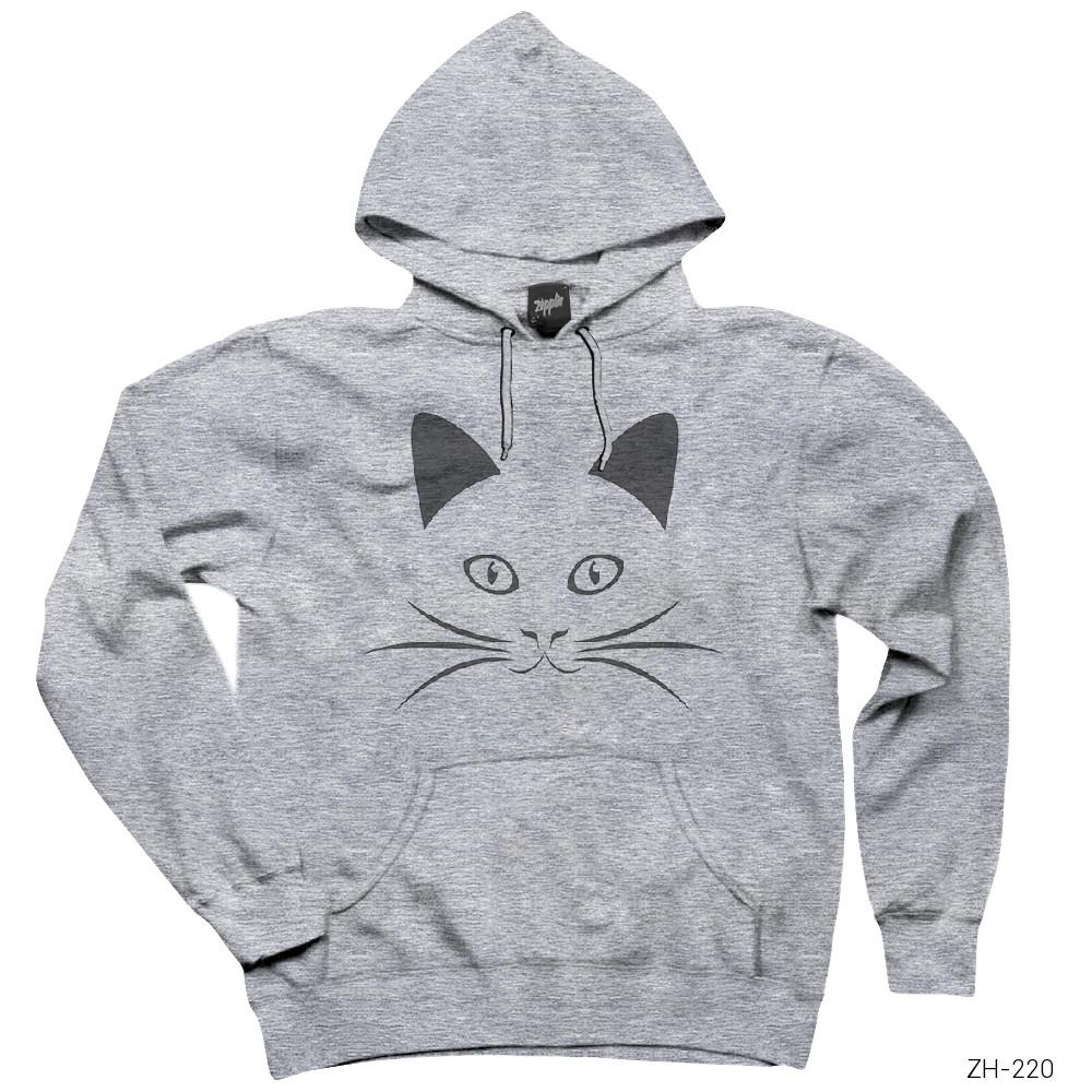 Bıyıklı Kedi Gri Kapşonlu Sweatshirt Hoodie