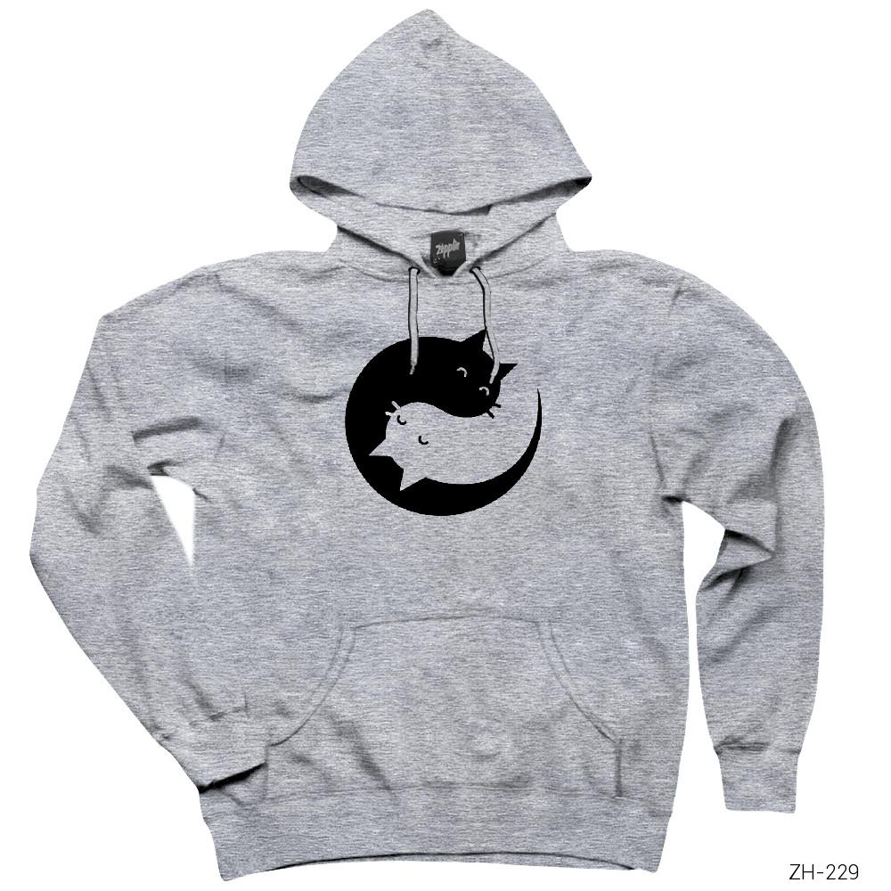 Yin Yang Kedi Gri Kapşonlu Sweatshirt Hoodie