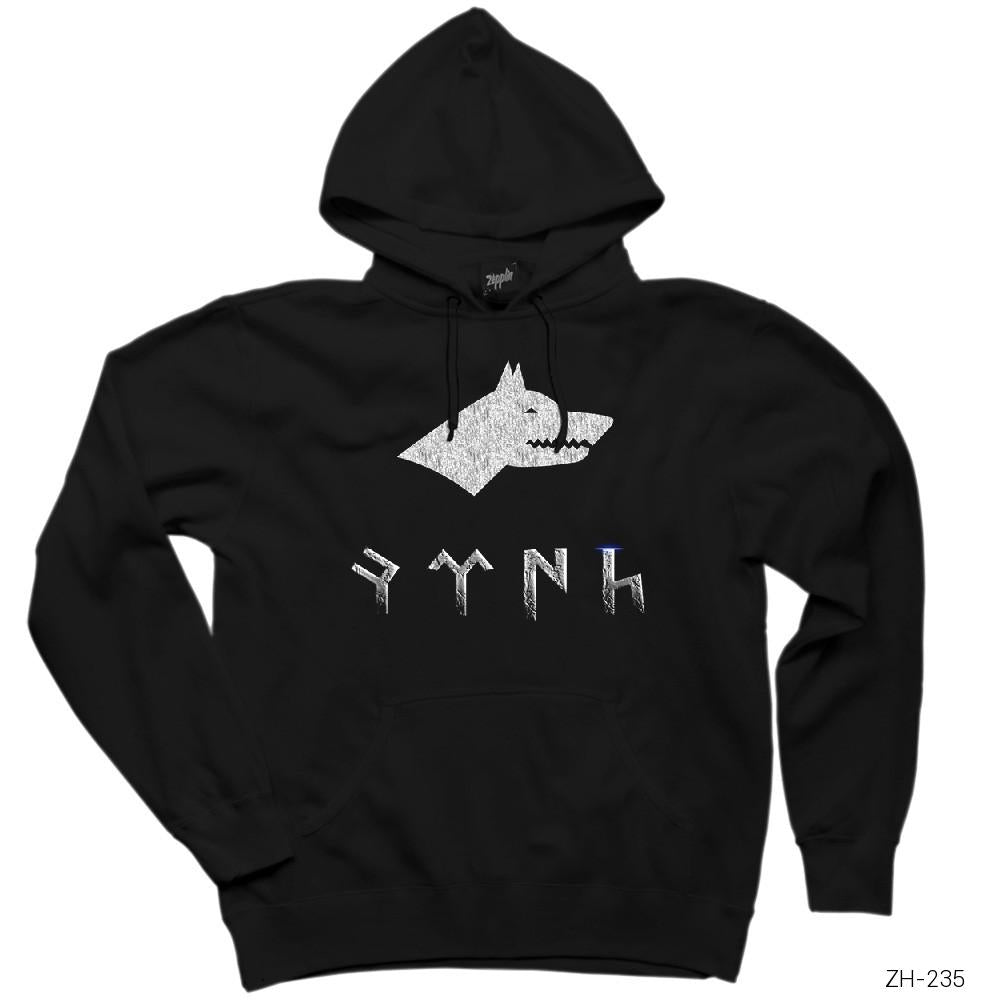 Kurtlu Göktürkçe Türk Siyah Kapşonlu Sweatshirt Hoodie