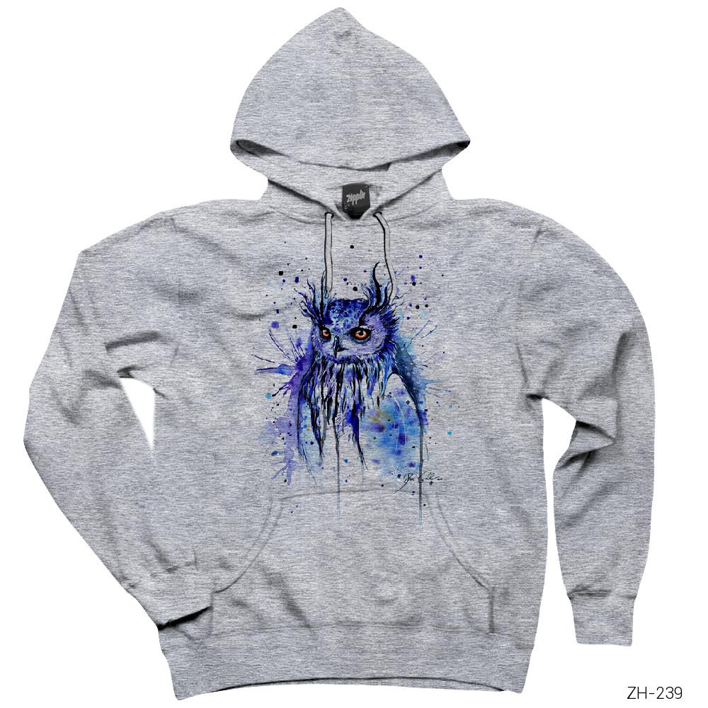 Çizim Baykuş Gri Kapşonlu Sweatshirt Hoodie