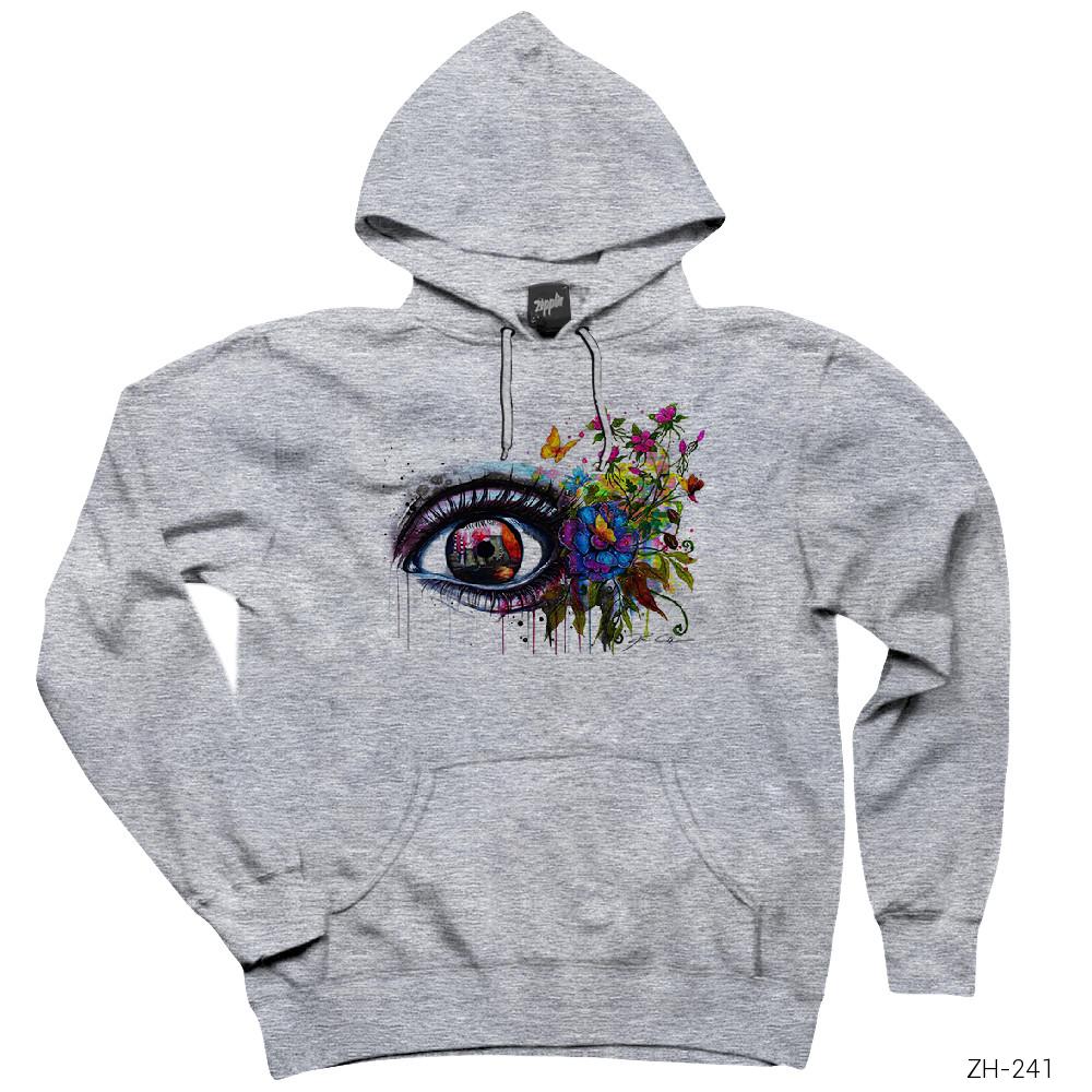 Çizim Göz Gri Kapşonlu Sweatshirt Hoodie