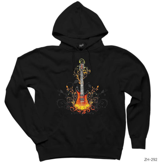 Alevli Elektro Gitar Siyah Kapşonlu Sweatshirt Hoodie