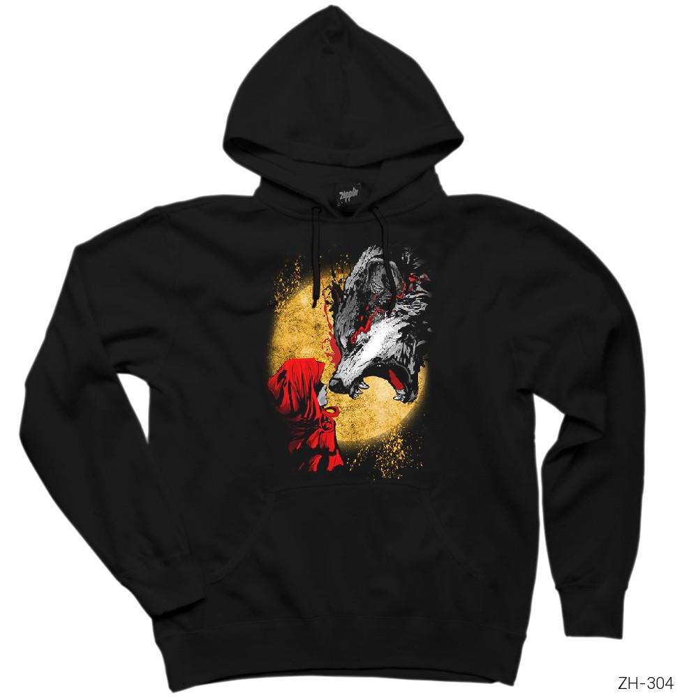 Kırmızı Başlıklı Kız ve Kurt Siyah Kapşonlu Sweatshirt Hoodie