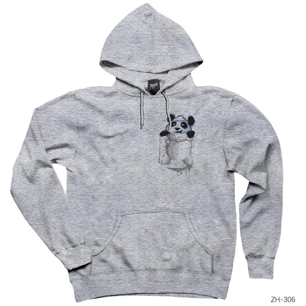 Panda Cep Gri Kapşonlu Sweatshirt Hoodie