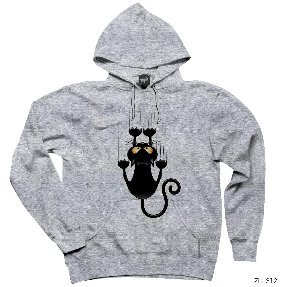 Tırmanan Kedi 2 Gri Kapşonlu Sweatshirt Hoodie