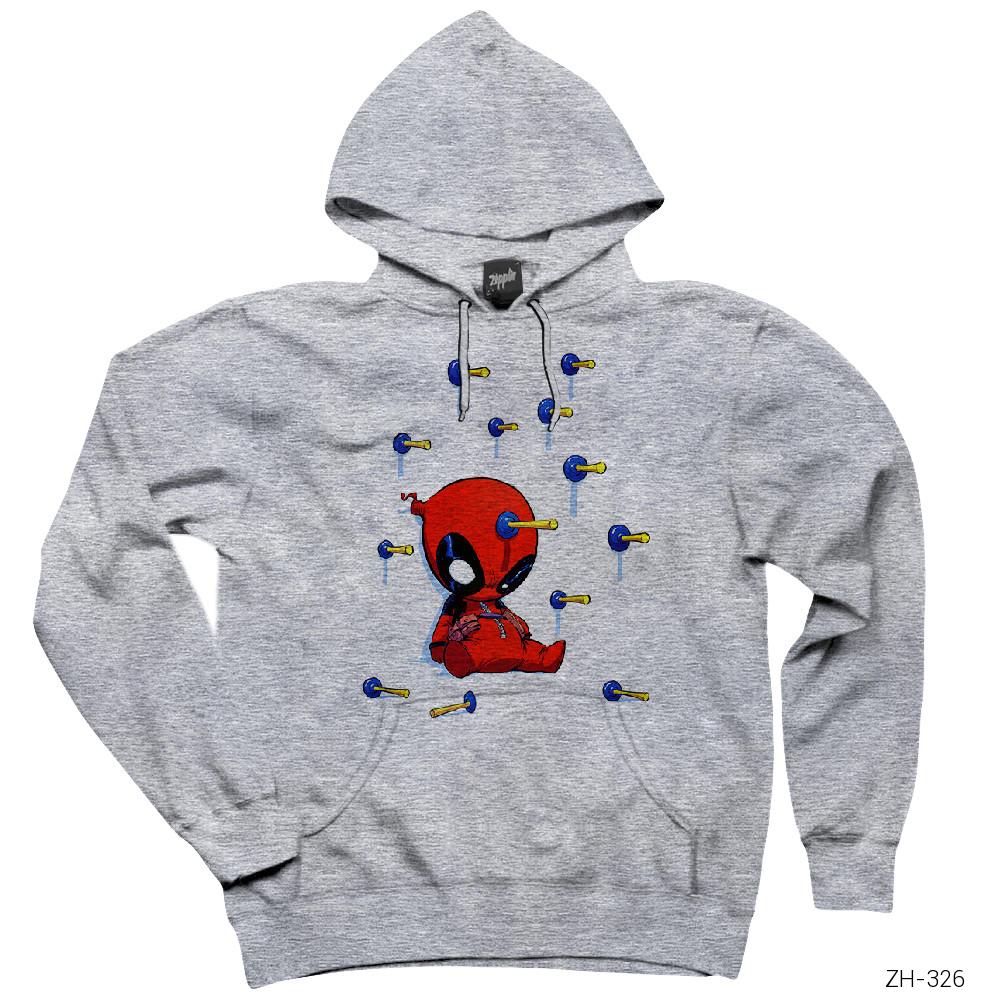 Deadpool Headshot Gri Kapşonlu Sweatshirt Hoodie