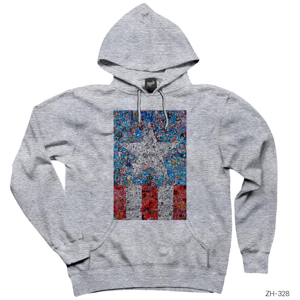 Kaptan Amerika Gri Kapşonlu Sweatshirt Hoodie