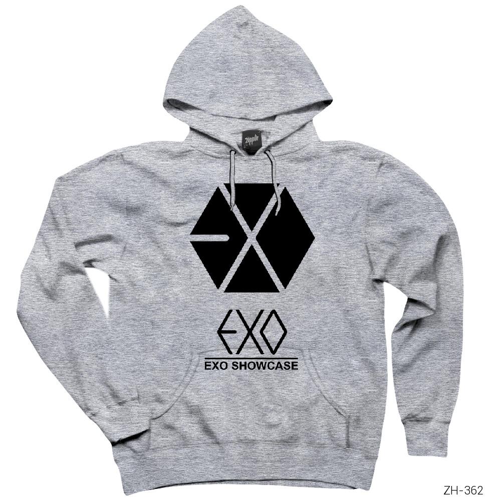 Exo Logo Gri Kapşonlu Sweatshirt Hoodie
