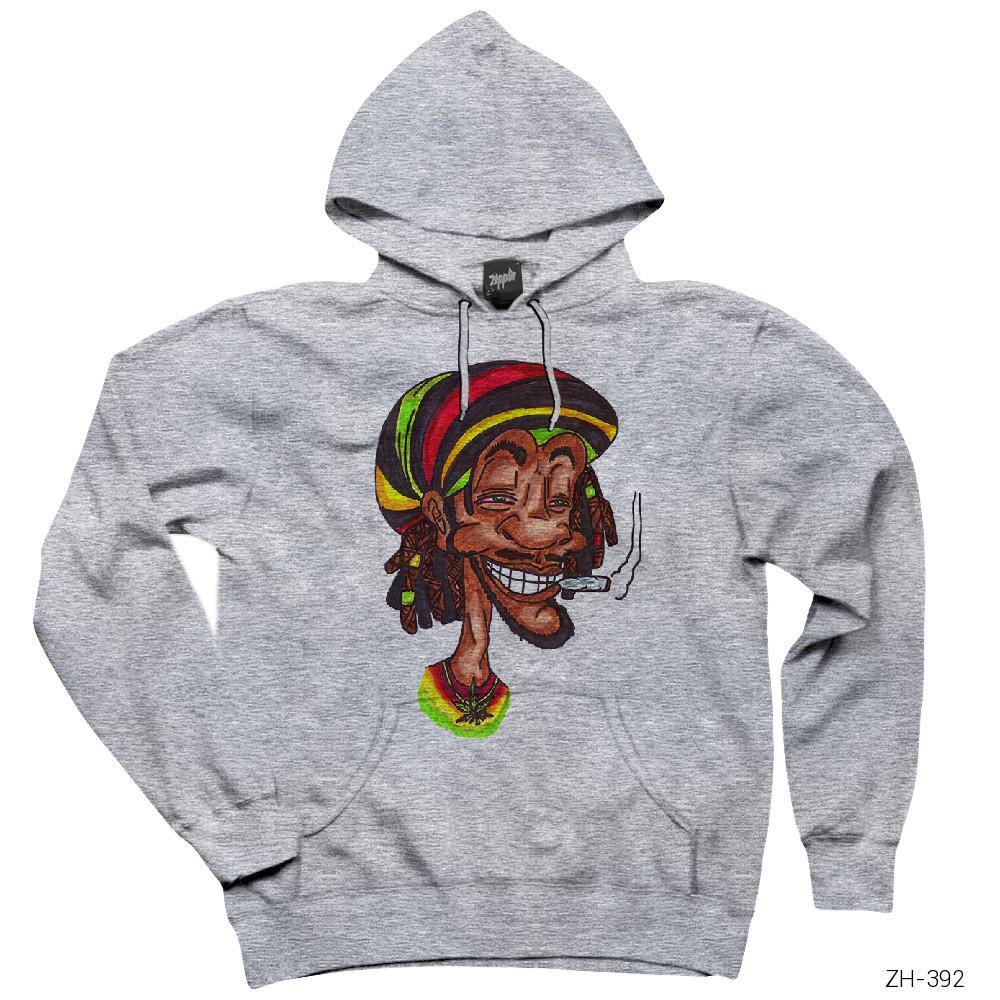 Bob Marley Smoke Cartoon Gri Kapşonlu Sweatshirt Hoodie