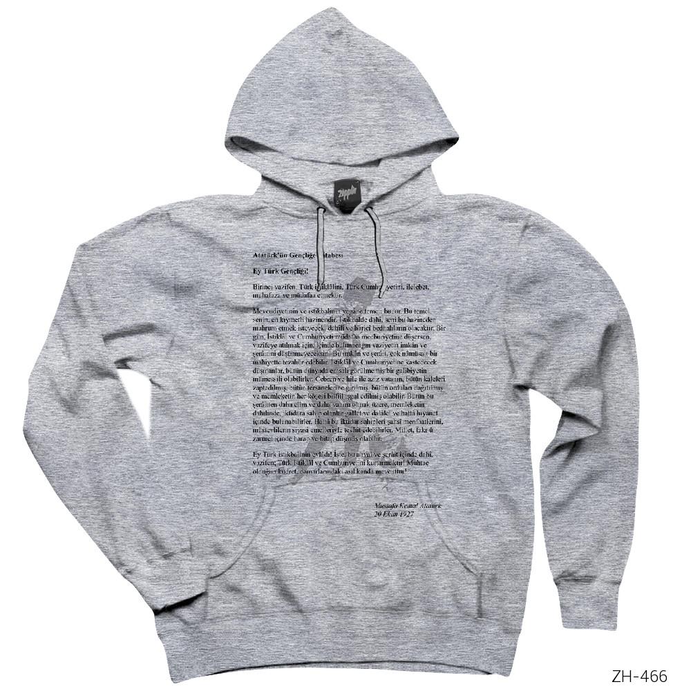 Atatürk Gençliğe Hitabe Gri Kapşonlu Sweatshirt Hoodie