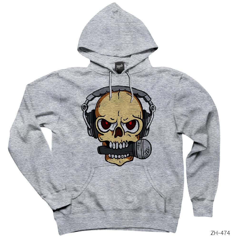 Rock Music Skull Gri Kapşonlu Sweatshirt Hoodie