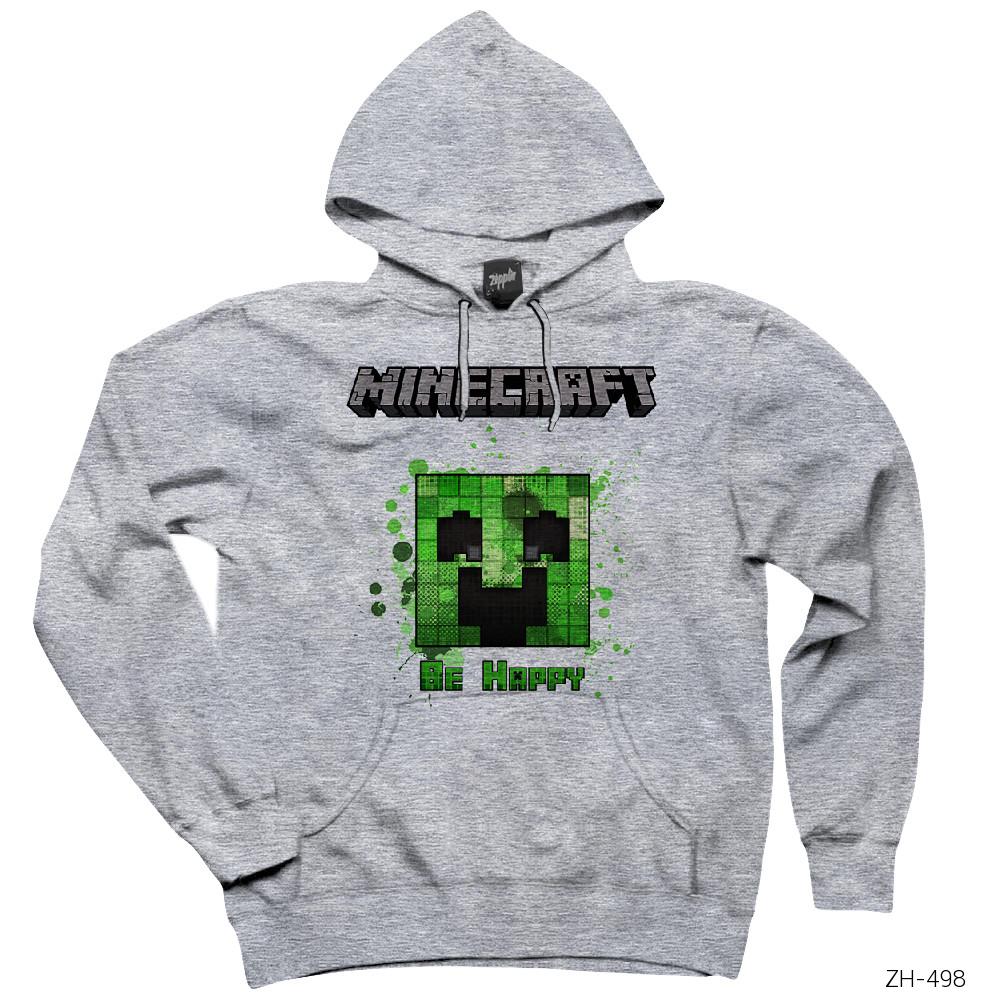Minecraft Be Happy Gri Kapşonlu Sweatshirt Hoodie