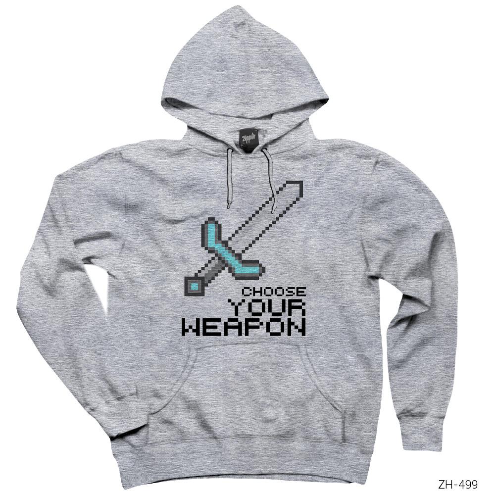 Minecraft Choose Your Weapon Gri Kapşonlu Sweatshirt Hoodie