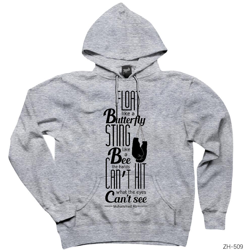 Muhammed Ali Sting Like a Bee Gri Kapşonlu Sweatshirt Hoodie