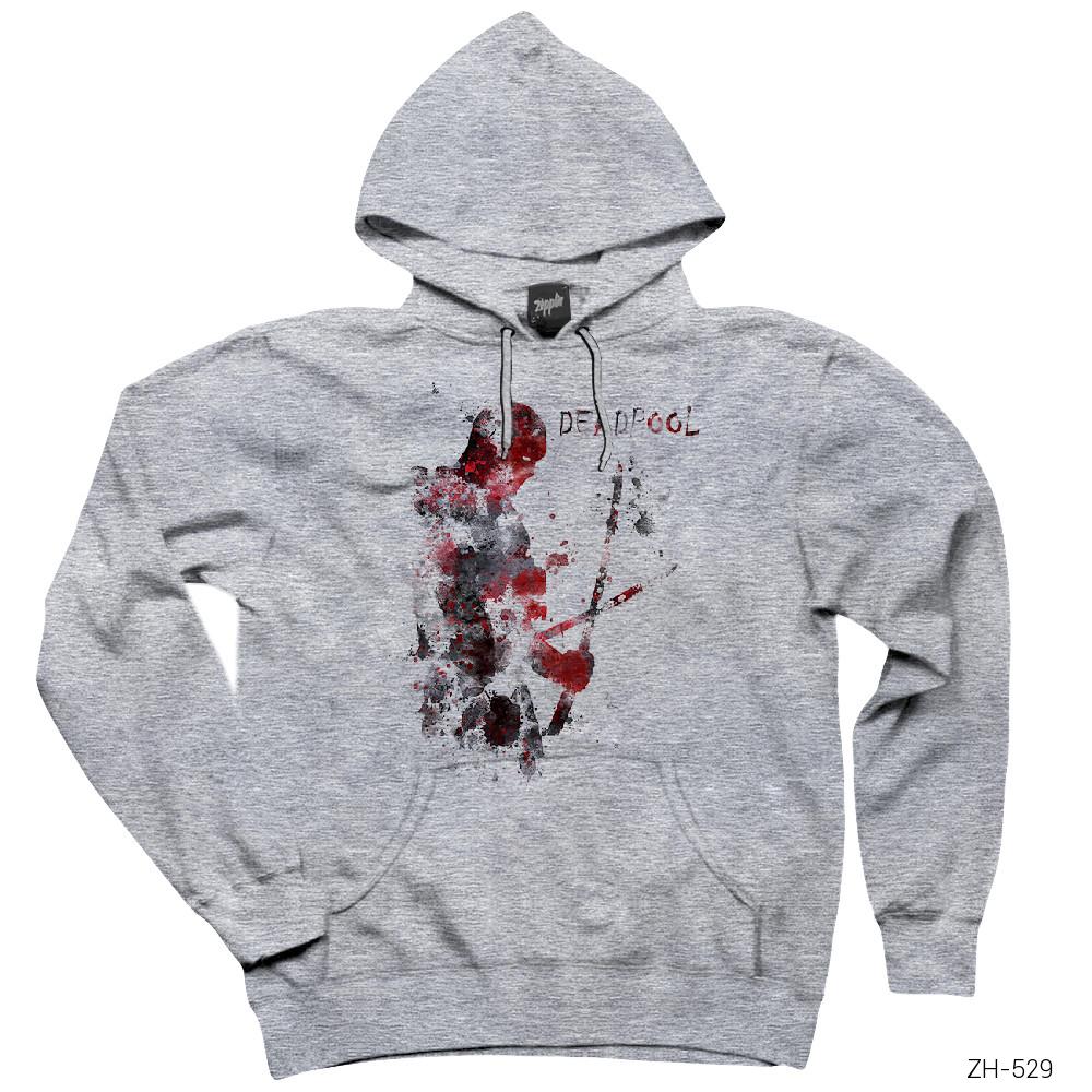 Deadpool Artwork Gri Kapşonlu Sweatshirt Hoodie