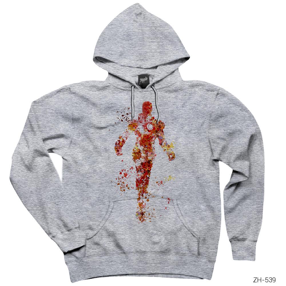 Iron Man Artwork Gri Kapşonlu Sweatshirt Hoodie