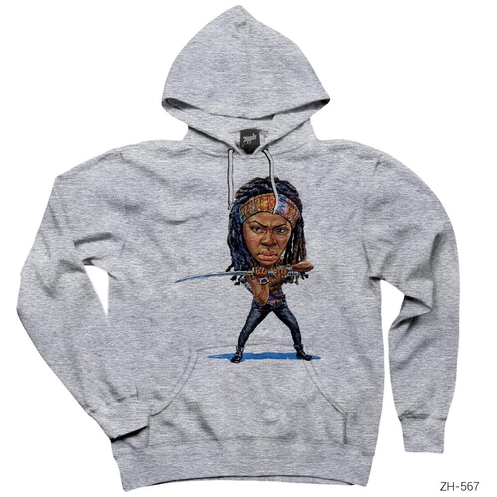 The Walking Dead Michonne Cartoon Gri Kapşonlu Sweatshirt Hoodie