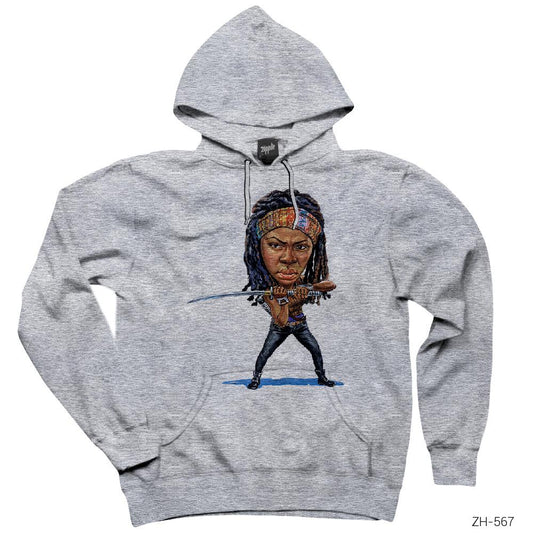 The Walking Dead Michonne Cartoon Gri Kapşonlu Sweatshirt Hoodie