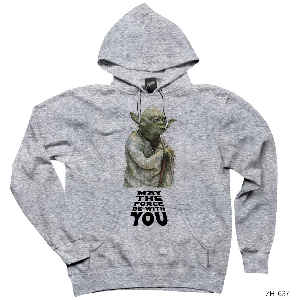 Star Wars Yoda May the Force Be With You Gri Kapşonlu Sweatshirt Hoodie