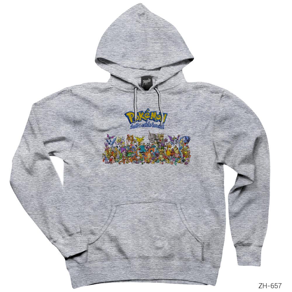 Pokemon Karakterleri Gri Kapşonlu Sweatshirt Hoodie