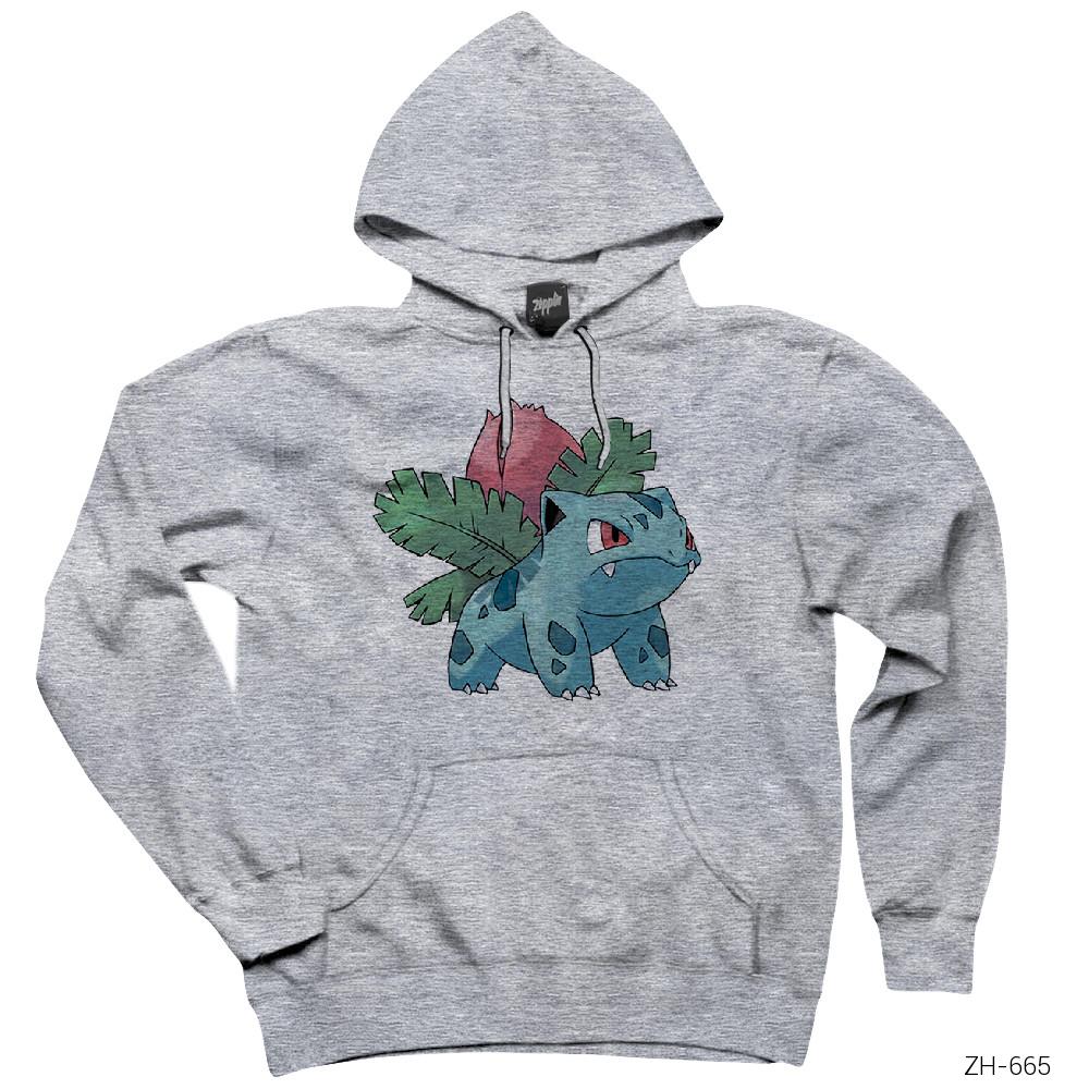 Pokemon Iyvsaur Gri Kapşonlu Sweatshirt Hoodie