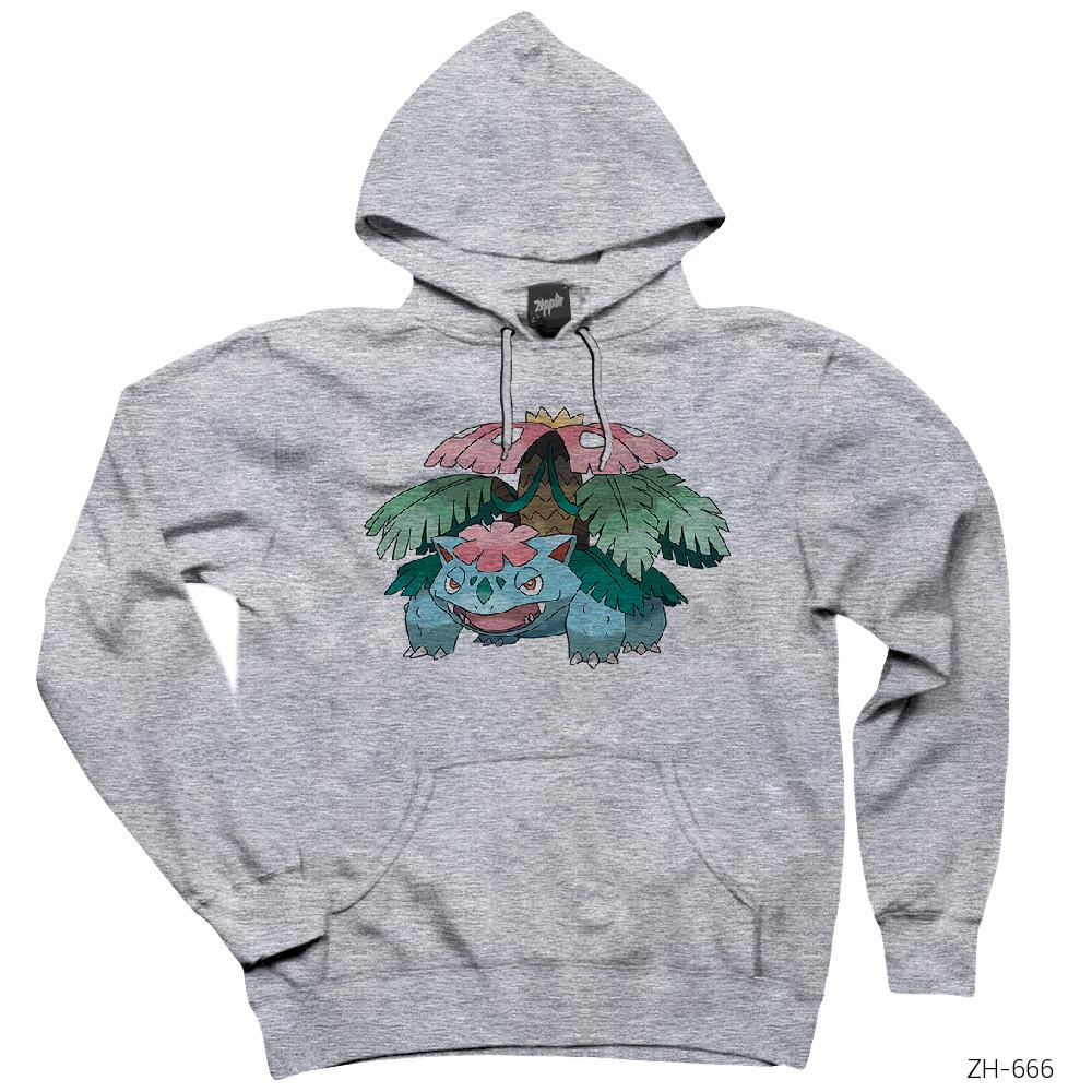 Pokemon Venusaur Gri Kapşonlu Sweatshirt Hoodie