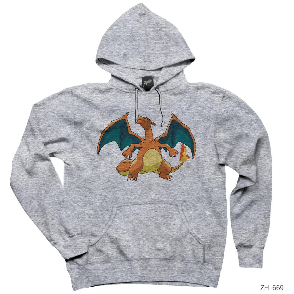 Pokemon Charizard Gri Kapşonlu Sweatshirt Hoodie