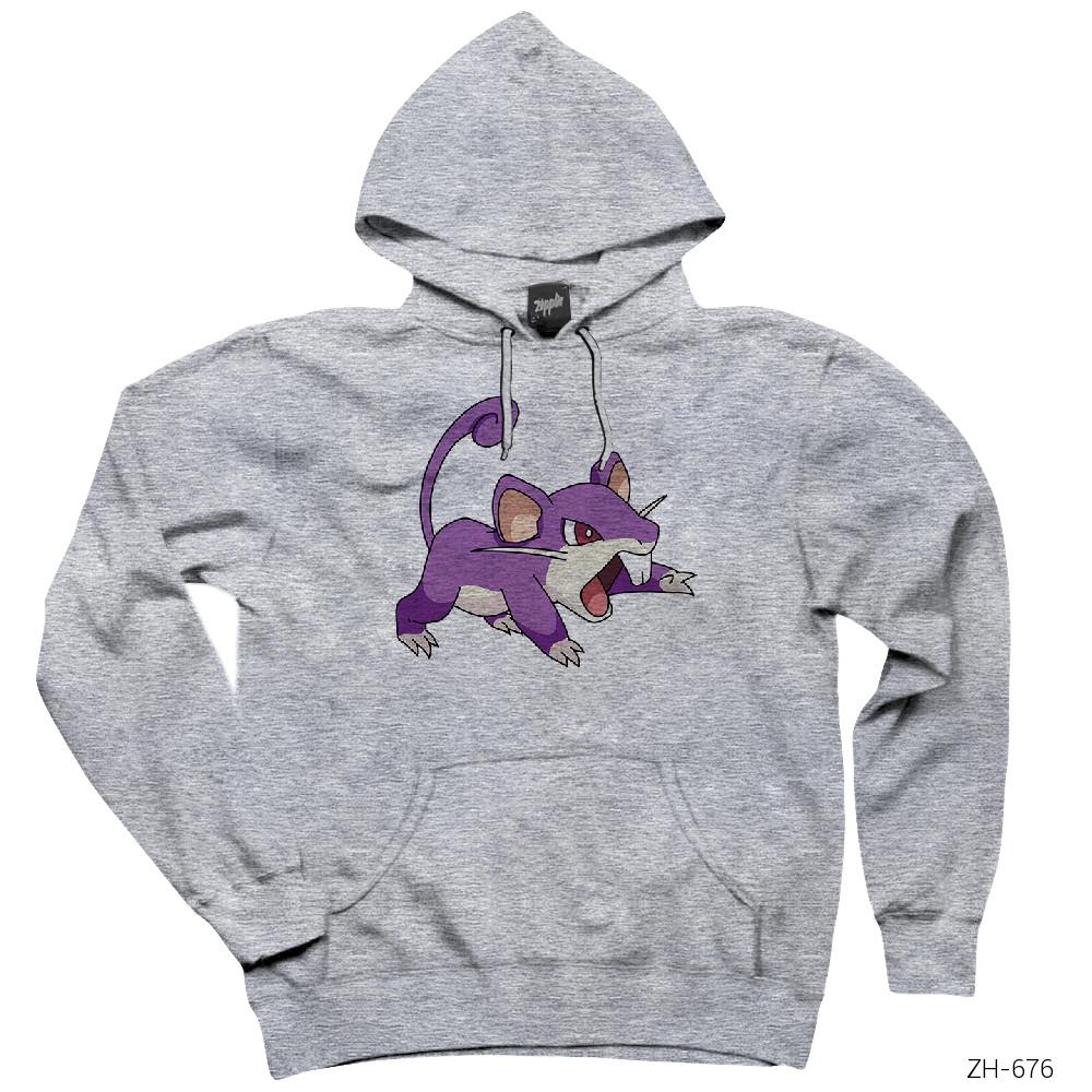 Pokemon Rattata Gri Kapşonlu Sweatshirt Hoodie