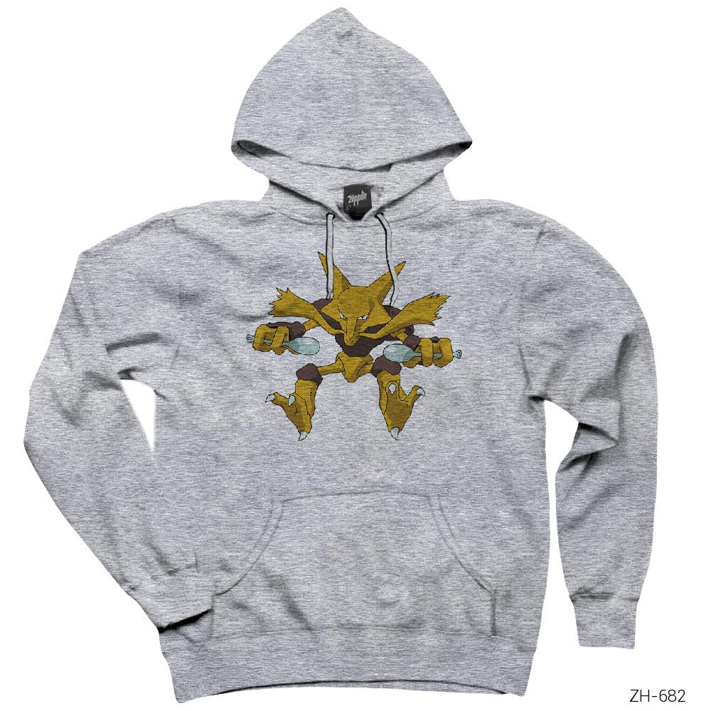 Pokemon Abrakadabra Gri Kapşonlu Sweatshirt Hoodie