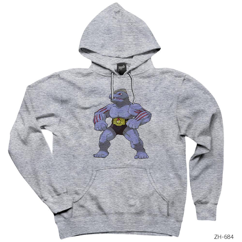 Pokemon Machoke Gri Kapşonlu Sweatshirt Hoodie