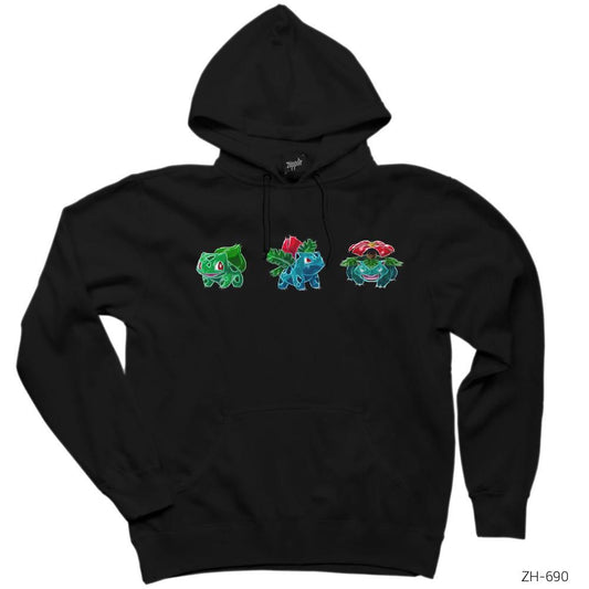 Pokemon Balbasaur Evolation Siyah Kapşonlu Sweatshirt Hoodie