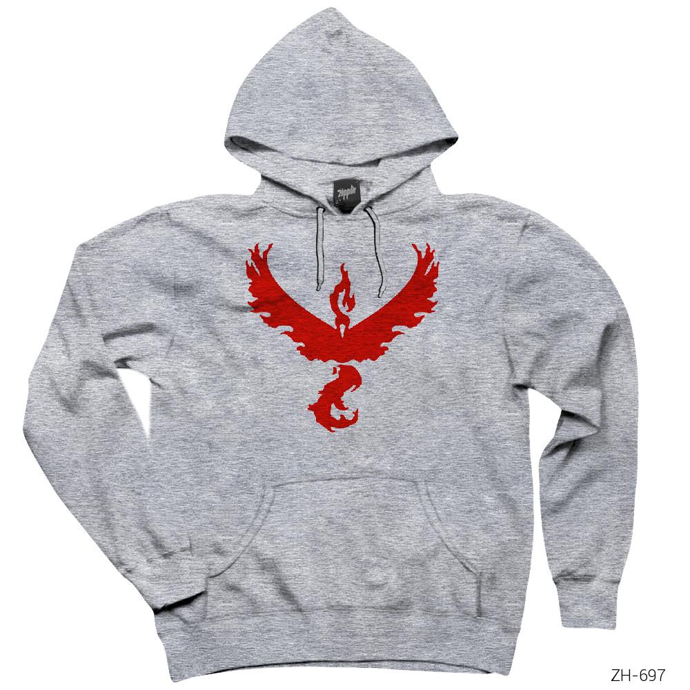 Pokemon Team Valor Logo Gri Kapşonlu Sweatshirt Hoodie