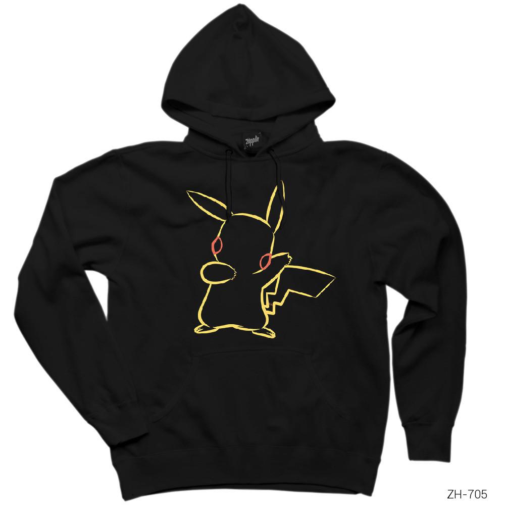 Pokemon Pikachu Line Siyah Kapşonlu Sweatshirt Hoodie