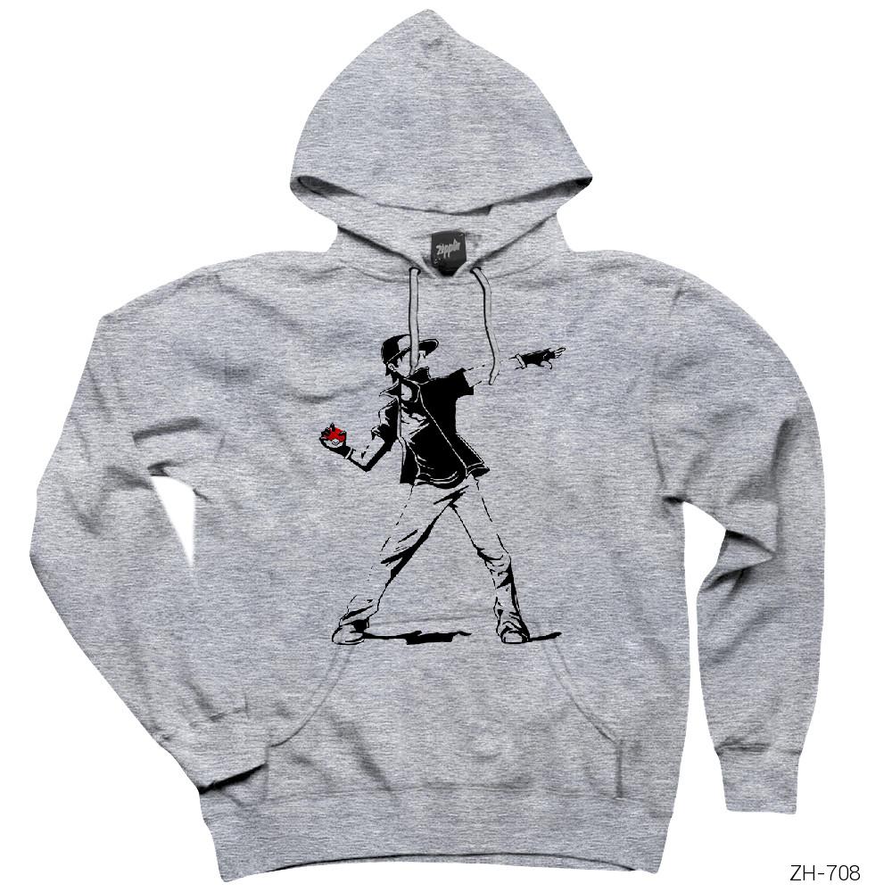 Pokemon Shot Ball Gri Kapşonlu Sweatshirt Hoodie