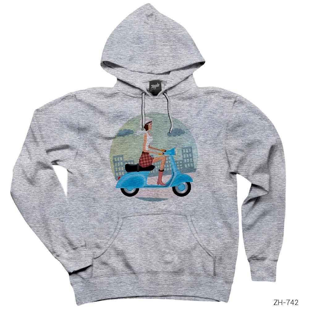 Scooter Girl Vespa Gri Kapşonlu Sweatshirt Hoodie