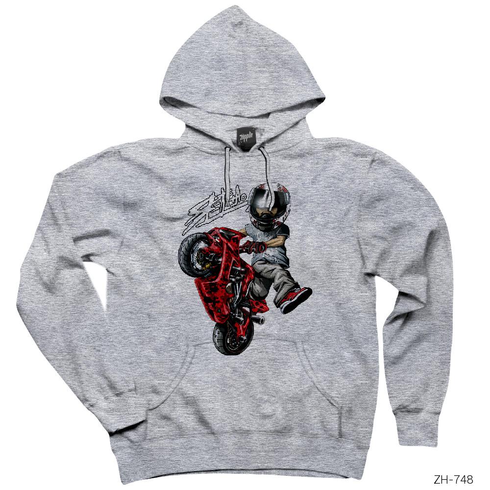 Motorcycle Cartoon Gri Kapşonlu Sweatshirt Hoodie