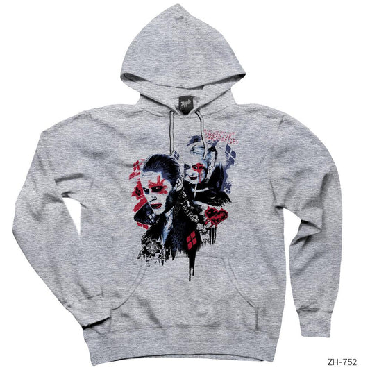 Suicide Joker and Harley Graffiti Gri Kapşonlu Sweatshirt Hoodie