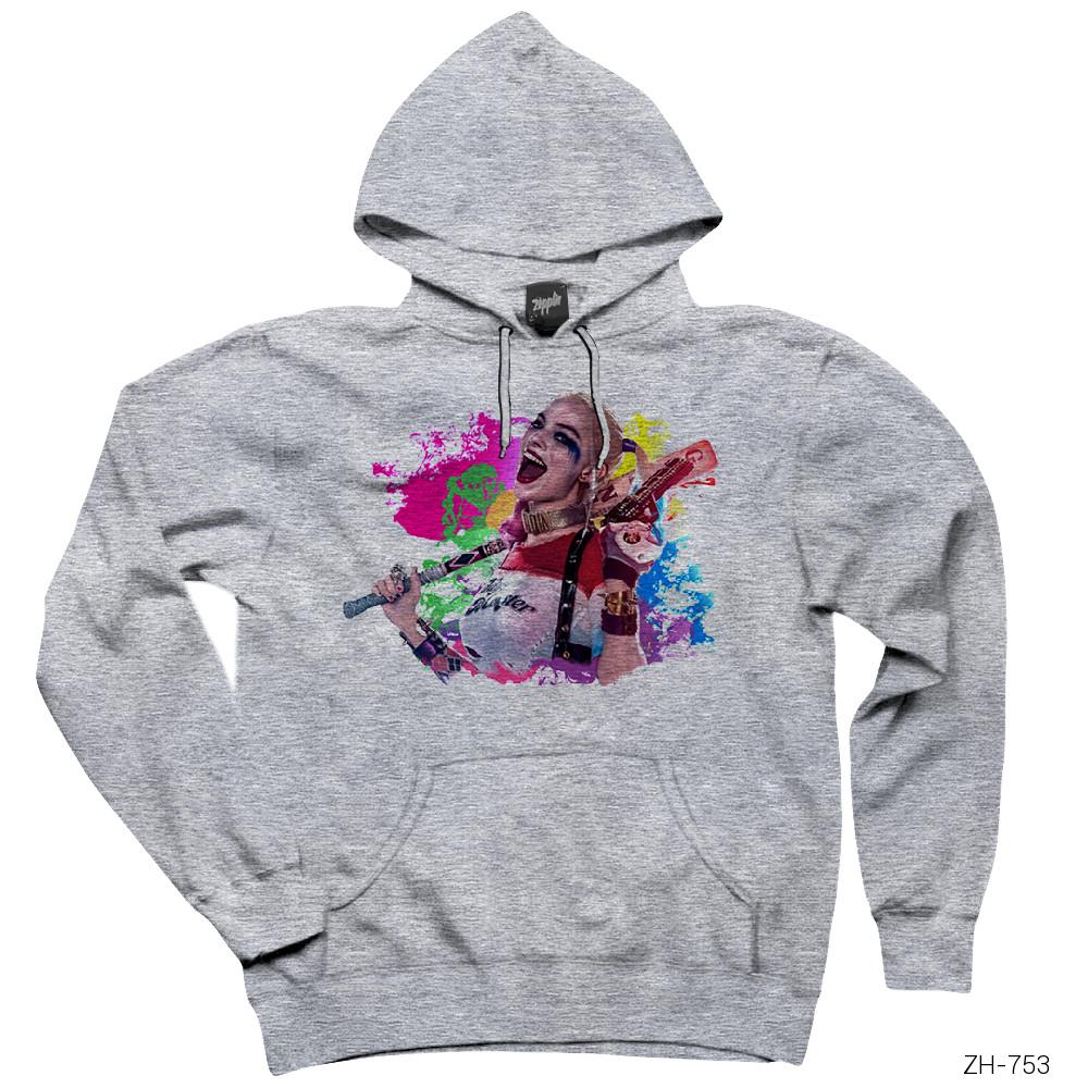 Suicide Squad Harley Quinn Happy Gri Kapşonlu Sweatshirt Hoodie