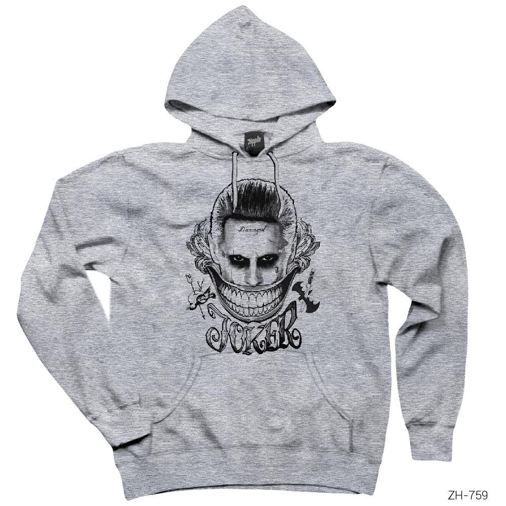 Suicide Squad Joker Smile Gri Kapşonlu Sweatshirt Hoodie
