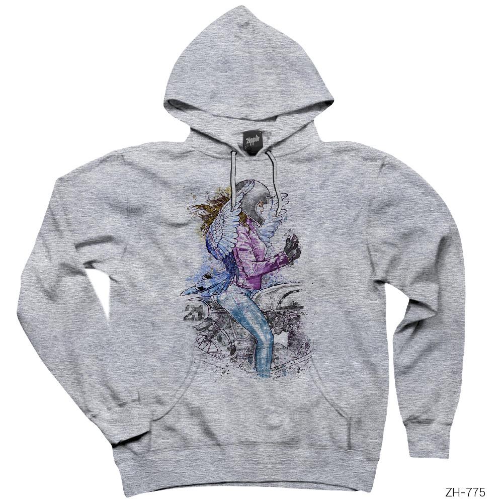 Motorbiker Angel Girl Gri Kapşonlu Sweatshirt Hoodie