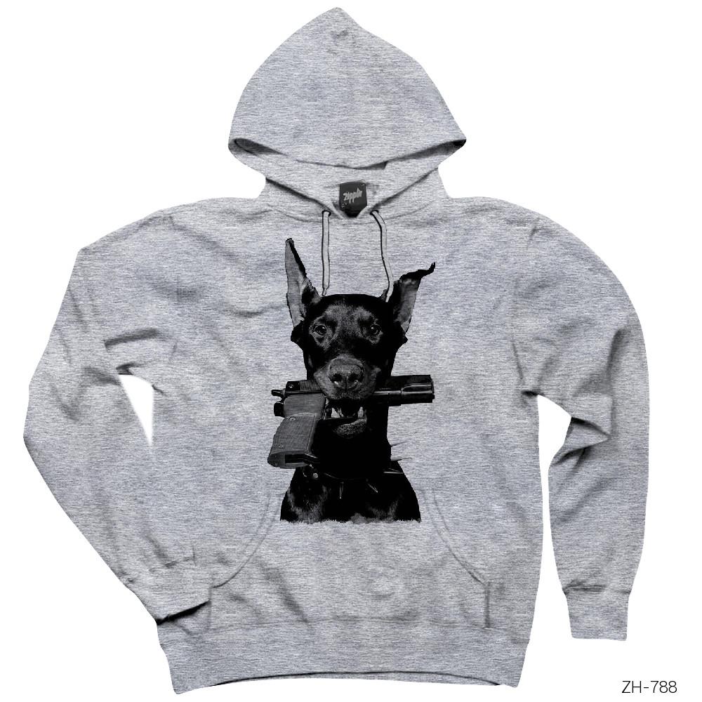 Doberman with Gun Gri Kapşonlu Sweatshirt Hoodie