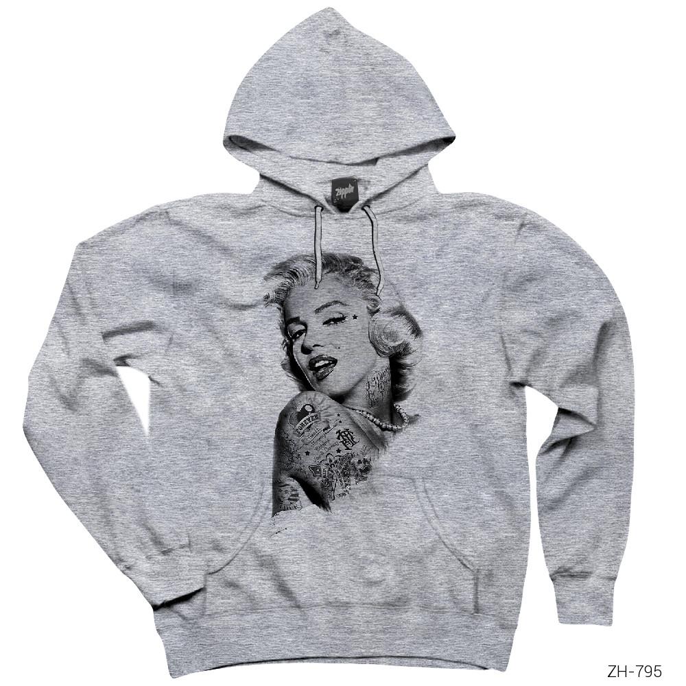 Marilyn Monroe Tattoo Gri Kapşonlu Sweatshirt Hoodie